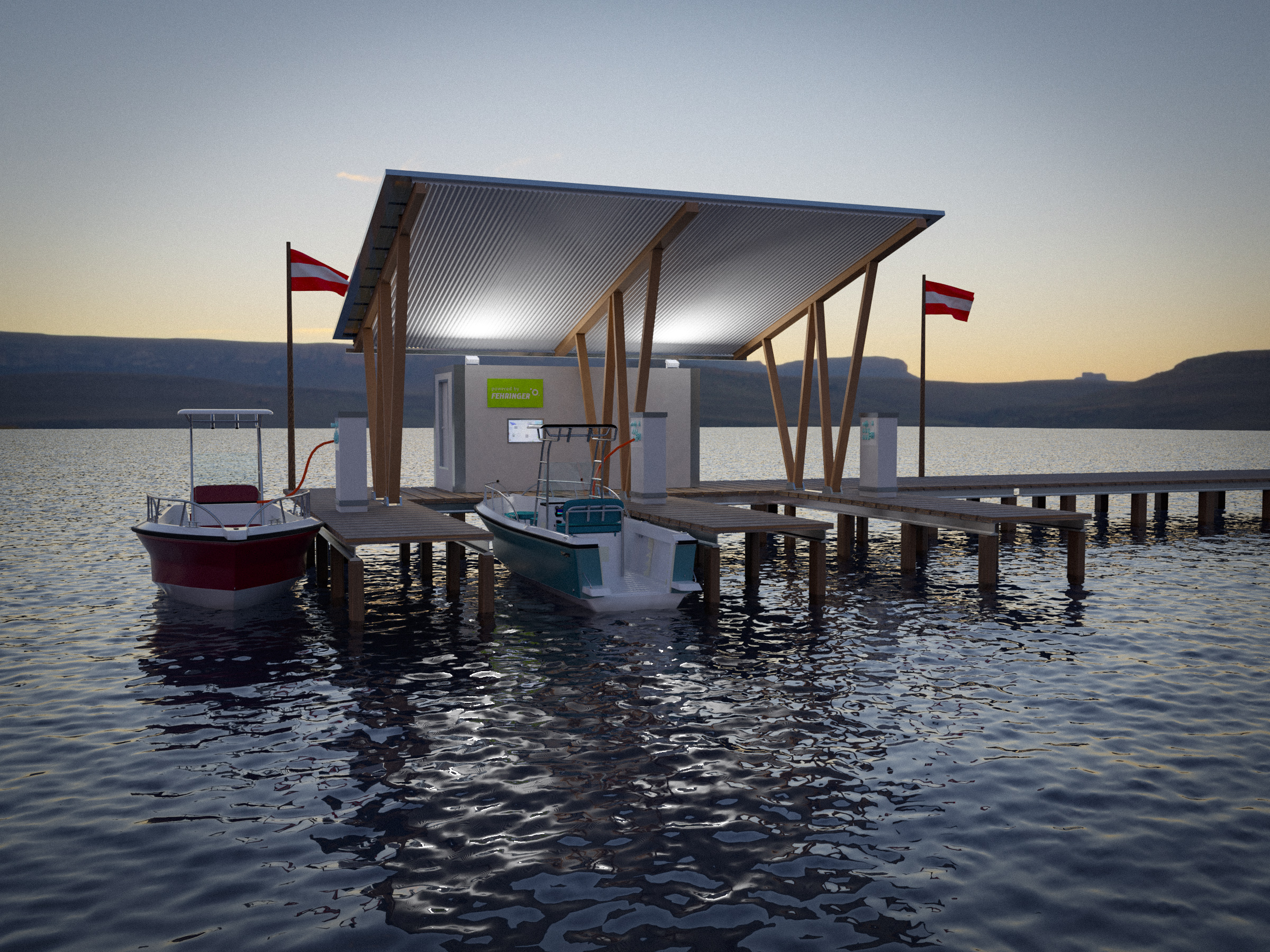 3D-Rendering eines Stegs mit Auflademöglichkeit für Elektroboote am Abend