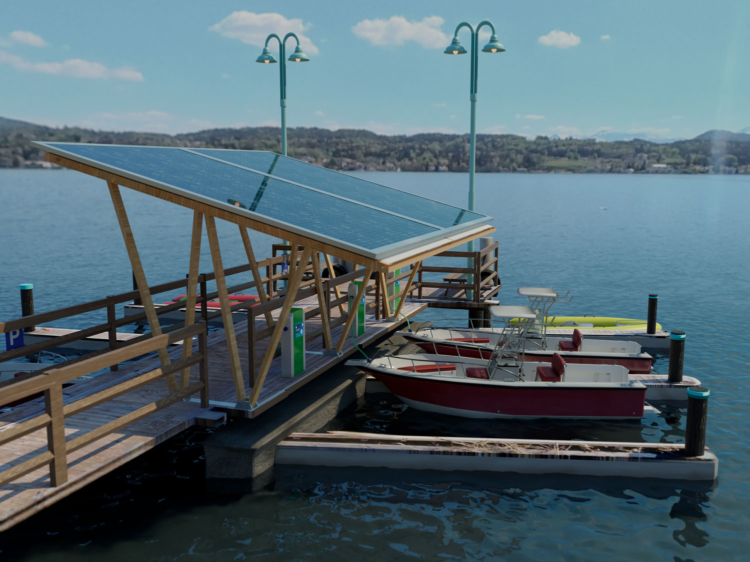 3D-Rendering eines Stegs mit Auflademöglichkeit für Elektroboote
