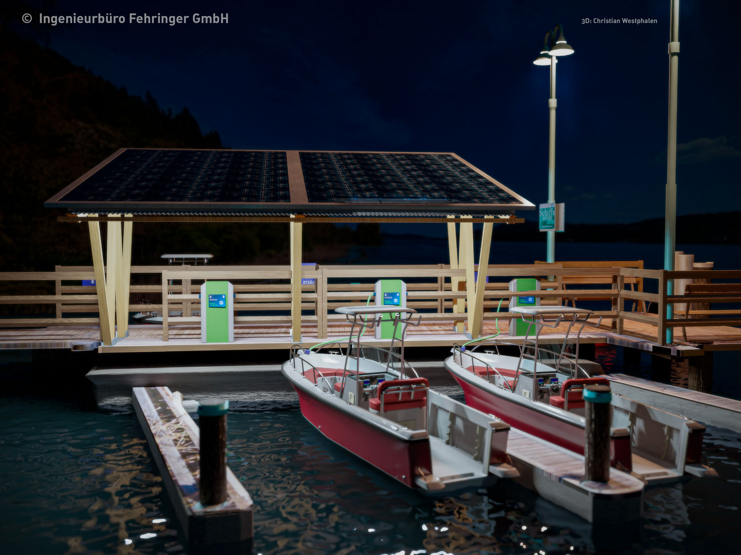 3D-Rendering eines Stegs mit Auflademöglichkeit für Elektroboote bei Nacht